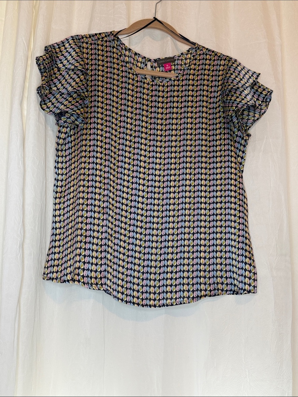 Vince Camuto Navy Multi Dot Print Flutter Sleeve Top